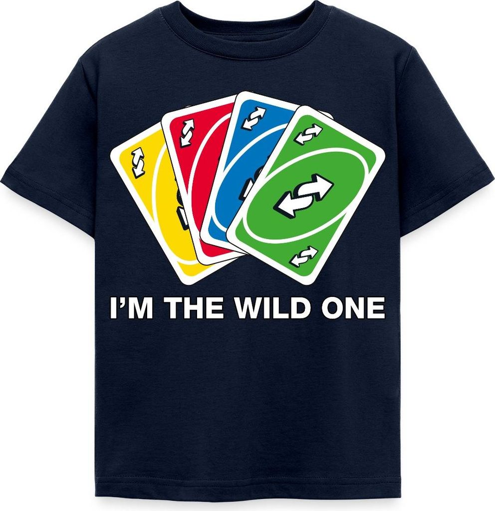 Spreadshirt UNO I'm The Wild One Meme Richtungswechsel-Karte Geschenk Kinder T-Shirt, 110/116 (5-6 Jahre), Navy