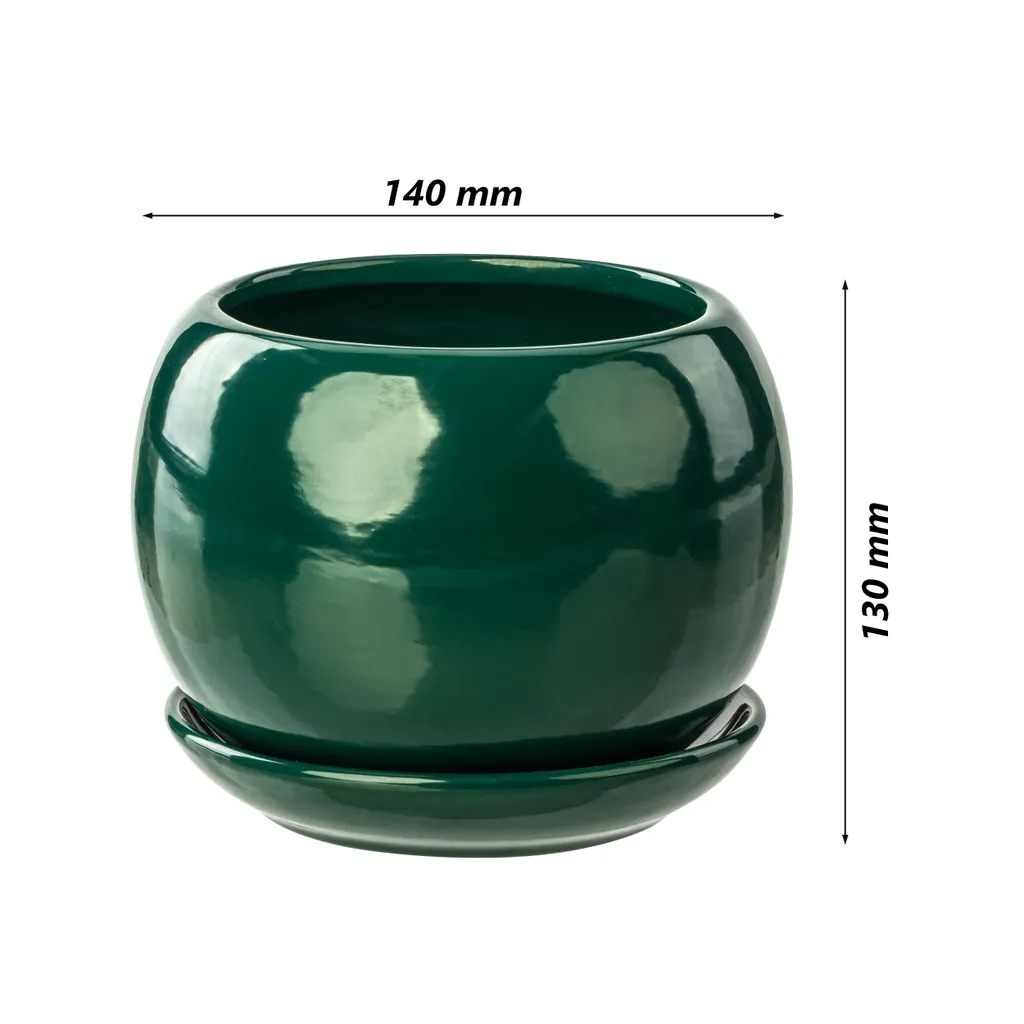 Cache-pot rond en céramique émaillée vert bouteille avec soucoupe - 2
