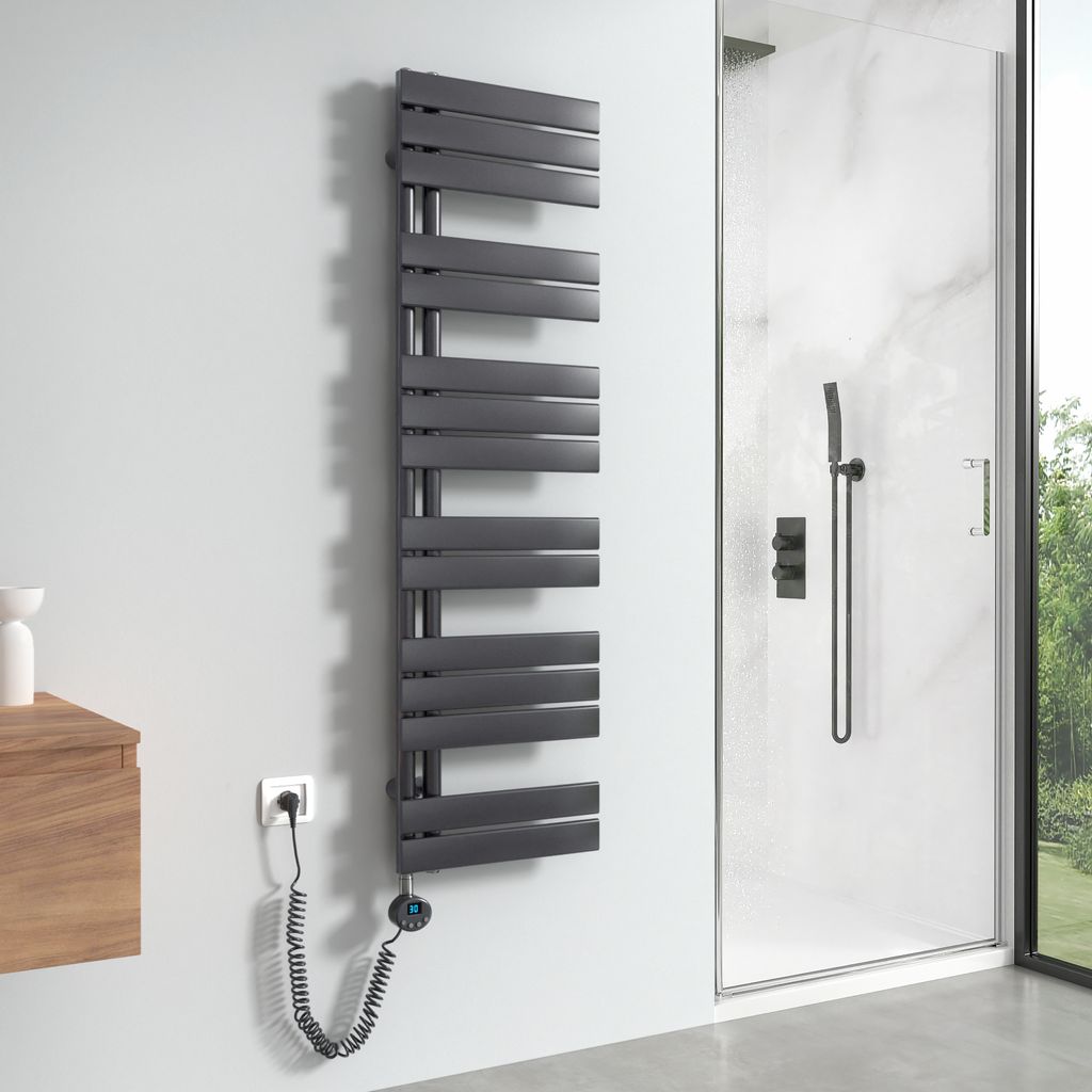 Meykoers Handtuchtrockner Elektrisch Anthrazit Heizkörper 1385 x 400mm Asymmetrie Design Badheizkörper mit Timer Thermostat 600W Handtuchwärmer ...