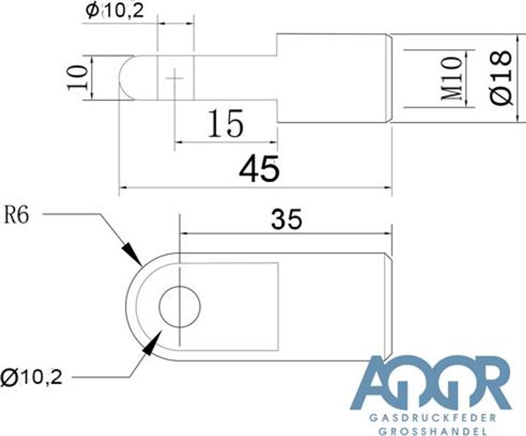 Auge M10 35mm Ø8,2mm Ø10,2mm Zubehör für Gasdruckfedern Augenaufnahme - 10,2mm