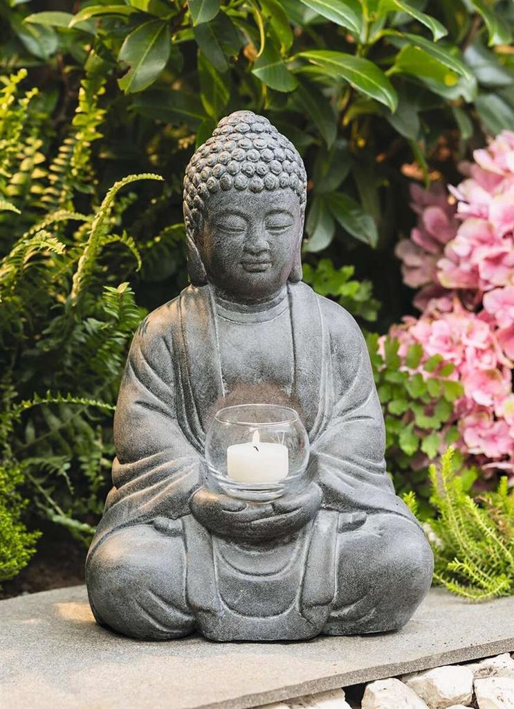 Dekofigur Buddha "Erleuchtung" aus Zement in Stein Optik mit Windlichtglas, 33 cm hoch, Gartendeko für Draußen
