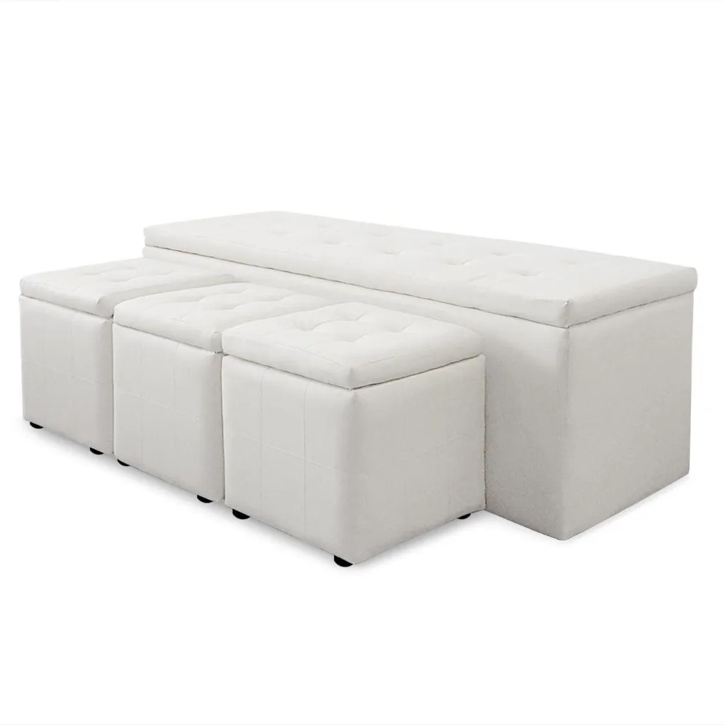 Banc de Rangement XL Blanc et ses 3 Tabourets d'Appoint Gain de Place