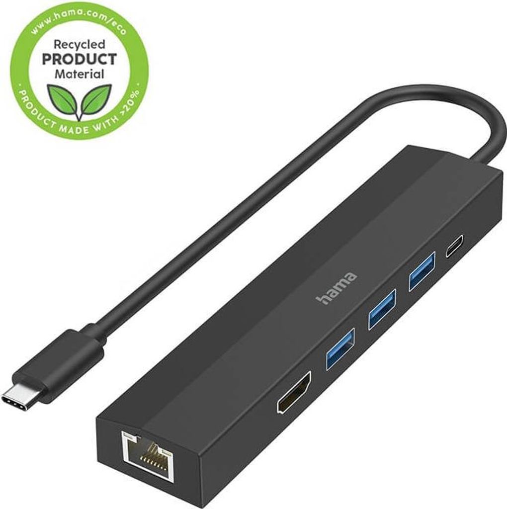 A black USB-C hub with multiple ports is shown on a white background.