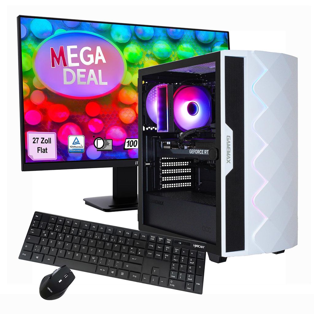 GAMEMAX Gaming-PC MegaDeal Diamond WT Komplett-SET i7 14700F 16GB RAM 1TB SSD RTX 5070 WIN11+ MSI PRO MP273A LED-Monitor, 69cm (27") + Maus & Tastatur