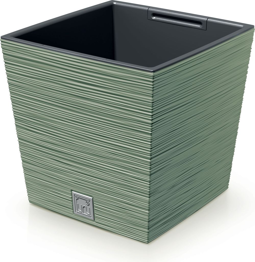A square green planter with a textured surface sits on a white background.