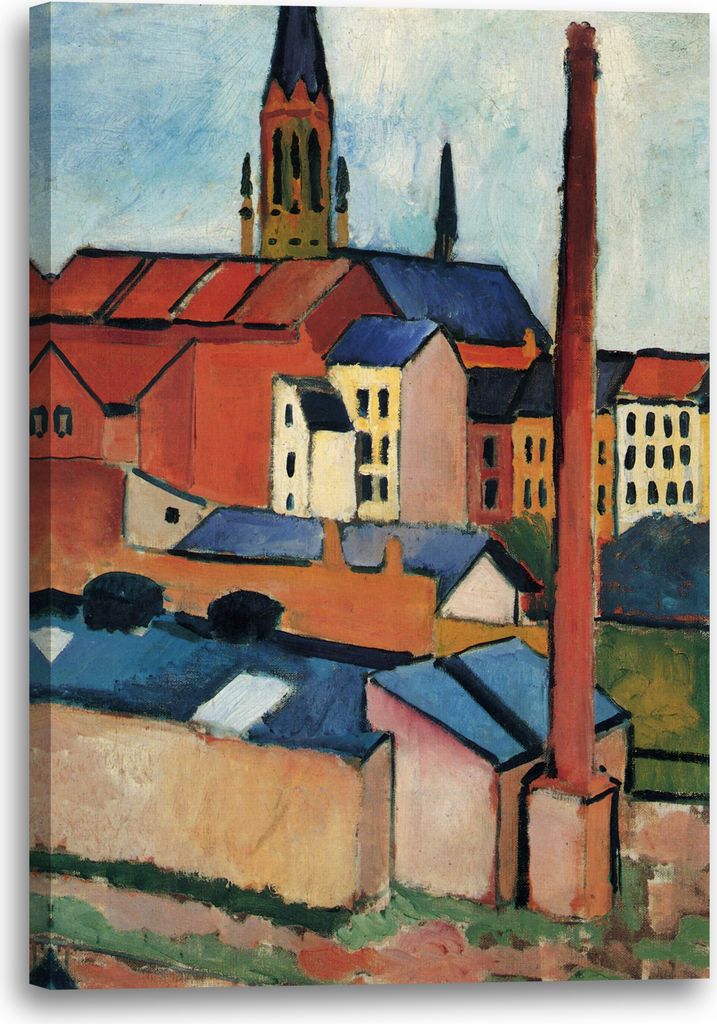 Leinwandbild (60x80cm): August Macke - Marienkirche mit Häusern und Schornstein, echter Holz-Keilrahmen inkl. Aufhänger, handgefertigt in Deutsch...