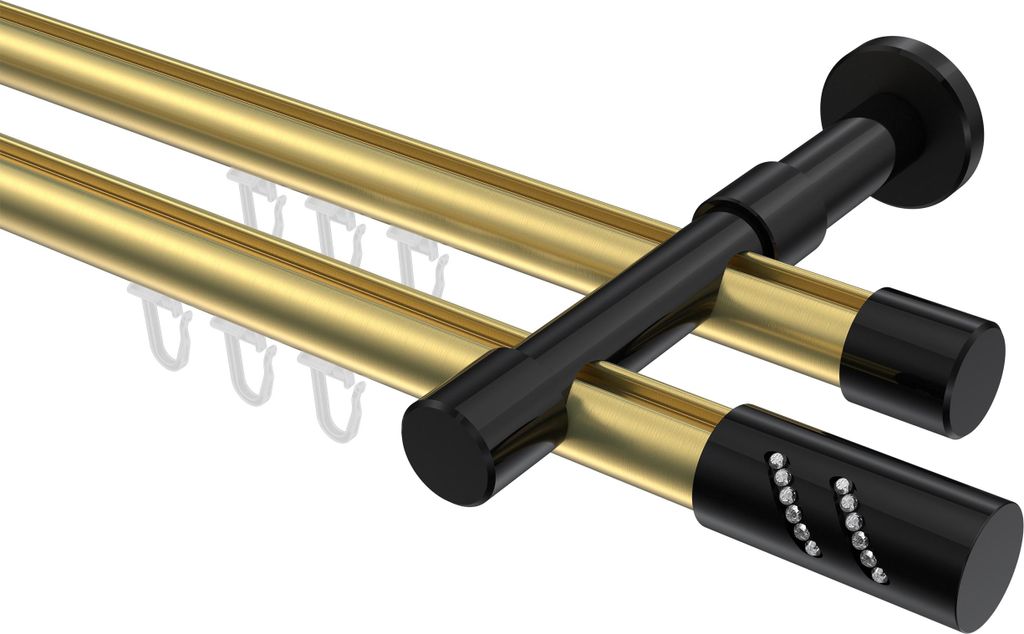 Interdeco Innenlaufstange / Gardinenstange mit Innenlauf Messing-Optik / Schwarz, Typ Prestige Zoena (Glitzerzylinder), 20 mm Ø 2-läufig, 360 cm