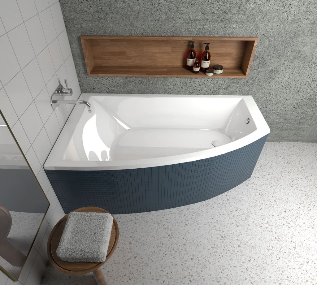 ECOLAM Eckbadewanne Badewanne Acrylwanne HELA Acryl 150x90 cm LINKS + Styropor Wannenträger befliesbar + Ablaufgarnitur Viega Füße Silikon