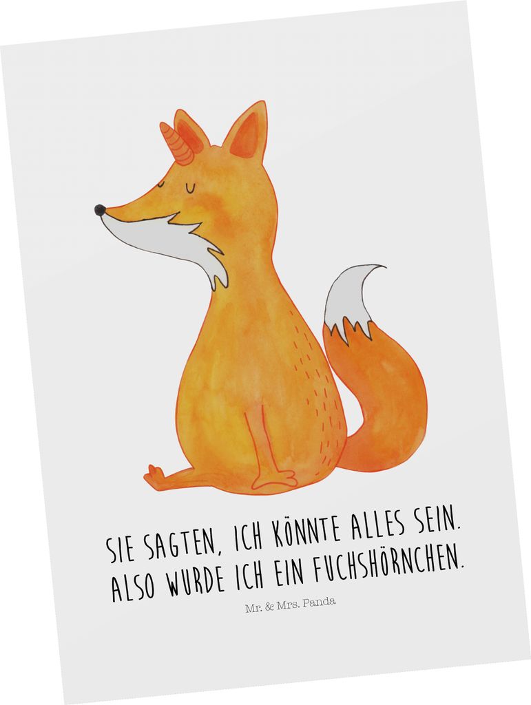 Mr. & Mrs. Panda Postkarte Einhorn Fuchs - Weiß - Geschenk, Einhörner, bildkarte, Ansichtskarte, Postkarten, Fuchshörnchen, Füchse, Ansichtskar...