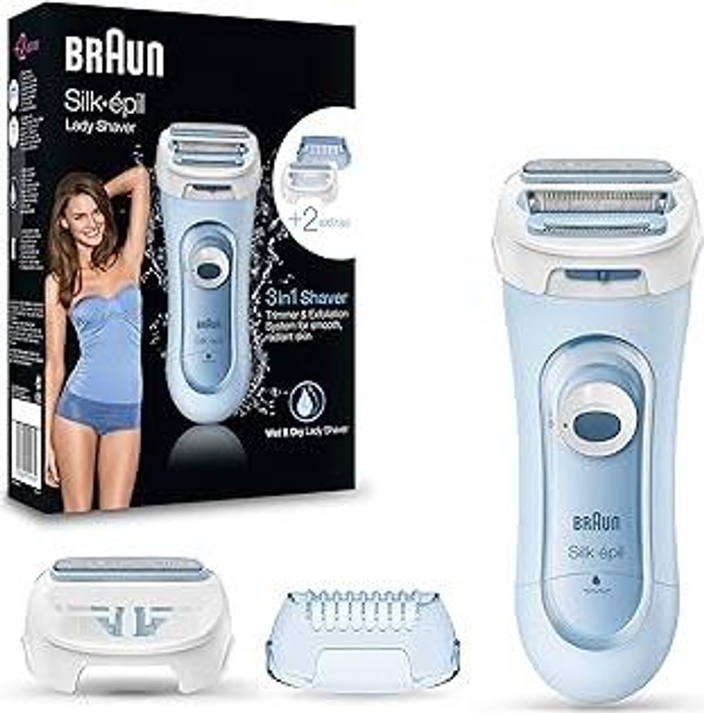 Braun Silk-épil Lady Shaver, Damenrasierer Elektrisch, 3-in-1 Elektrischer Rasierer, Trimmer- und Peeling-System mit 2 Extras, Wet&Dry, LS5160, Blau