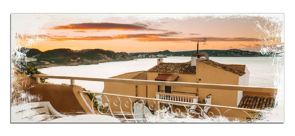 Wallario Kunstdrucke Wandbilder Holz in : Brillante Farben, Größe 50 x 125 cm Motiv Sommer in Spanien - Ausblick von einer schönen Terrasse auf ...