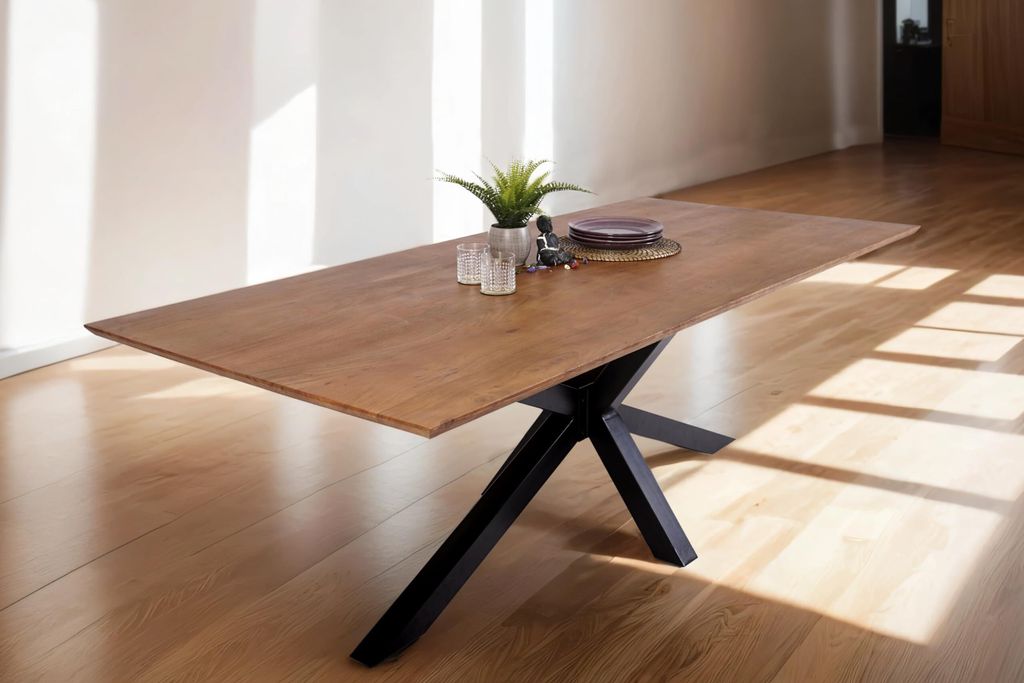 Esstisch 200x100 cm Abby, Akazienholz massiv + nussbaumfarben, Esszimmertisch mit Schweizer Kante, Spider-Metallgestell Schwarz, massiver Holztisch...