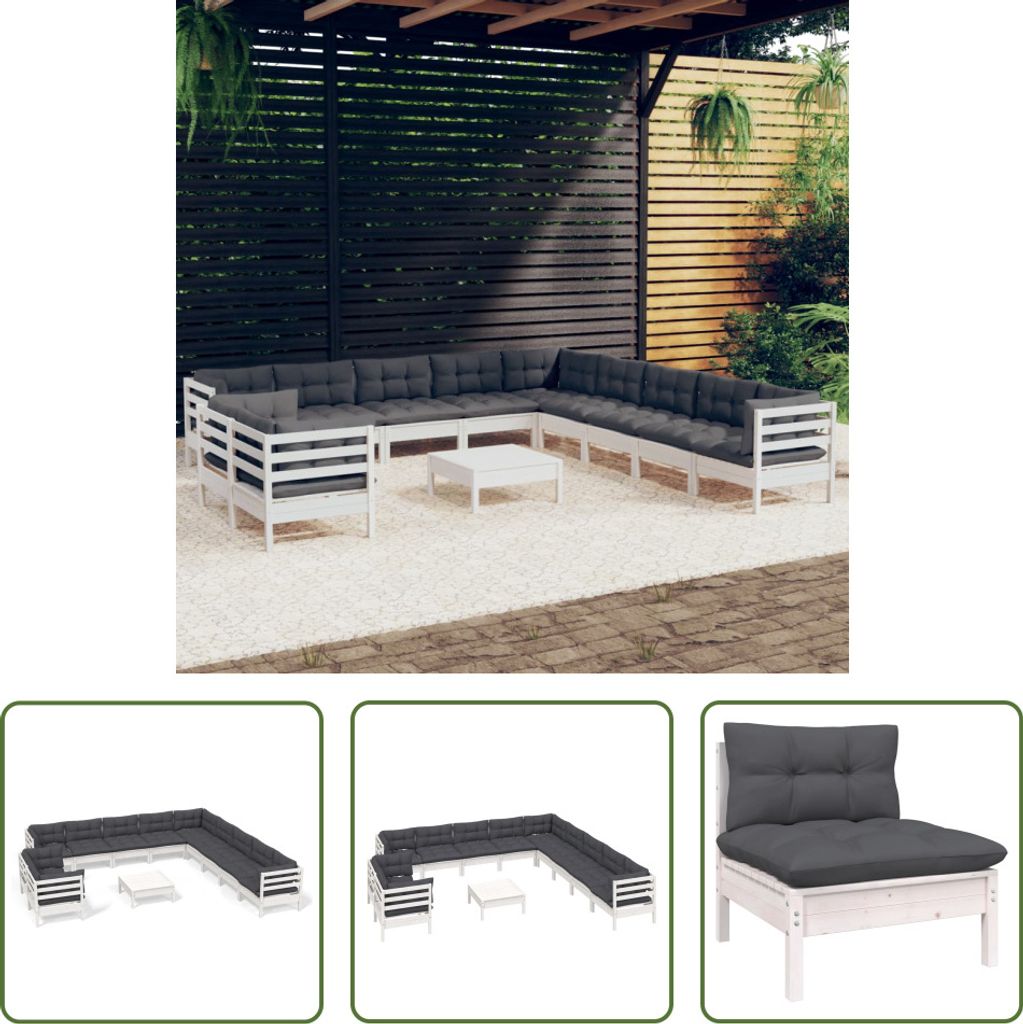 The Living Store 12-tlg. Garten-Lounge-Set mit Kissen Weiß Massivholz Kiefer
