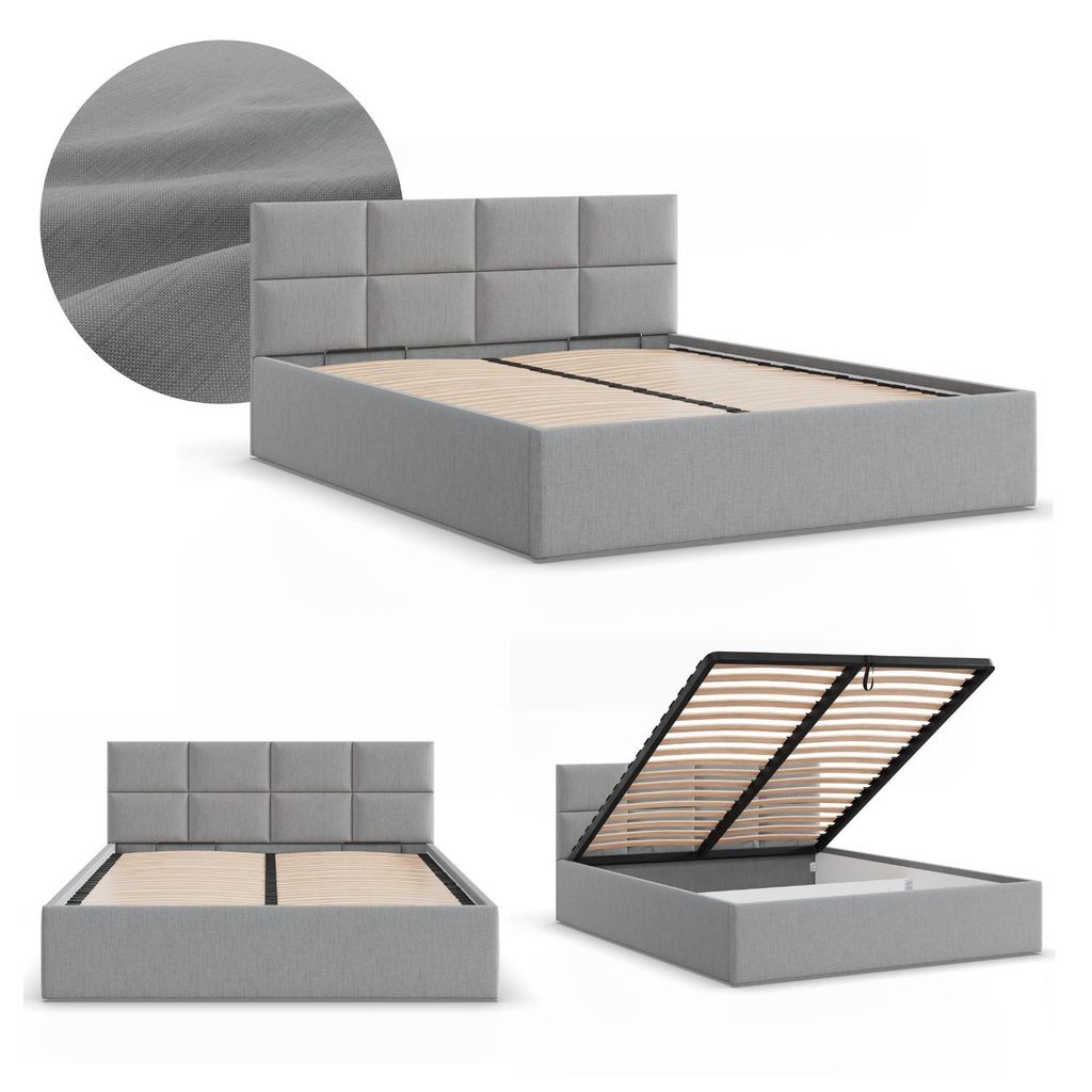 Doppelbett BORGO 180x200 Polsterbett mit Bettkasten & hochklappbarem Metall-Lattenrost, Stauraumbett Grau Geflecht