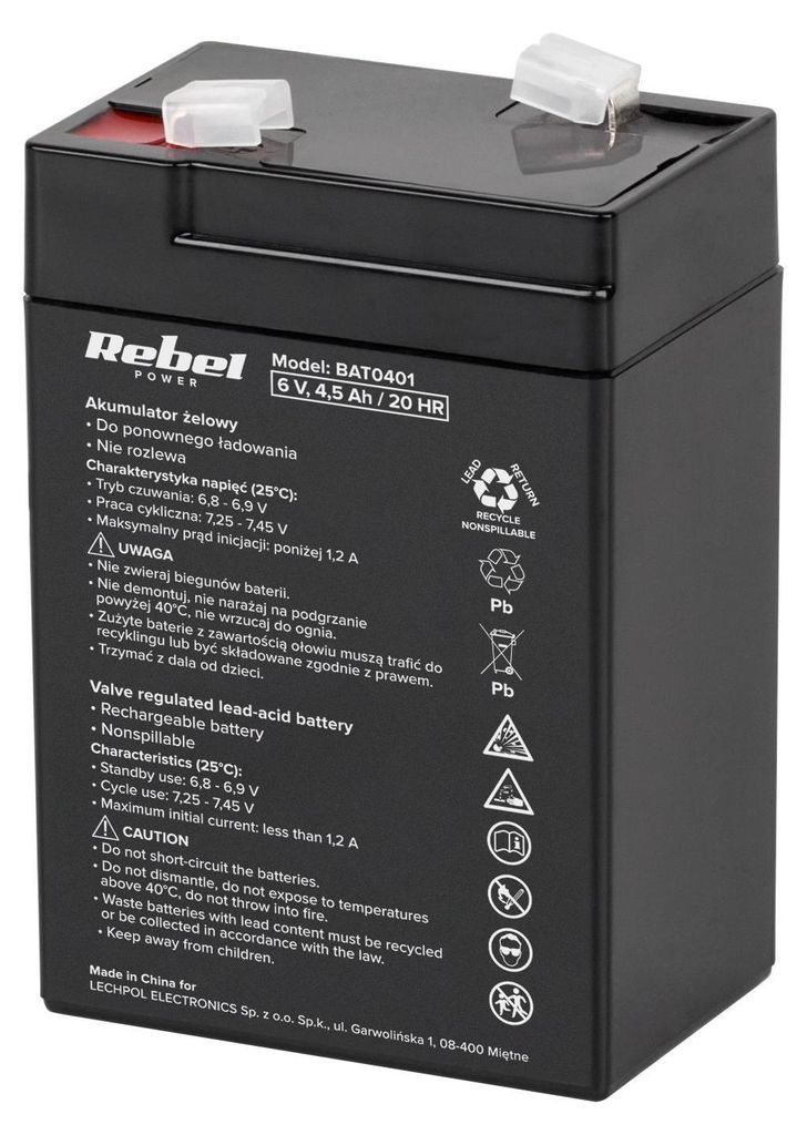 A black gel battery with white and red labeling and white terminal covers.