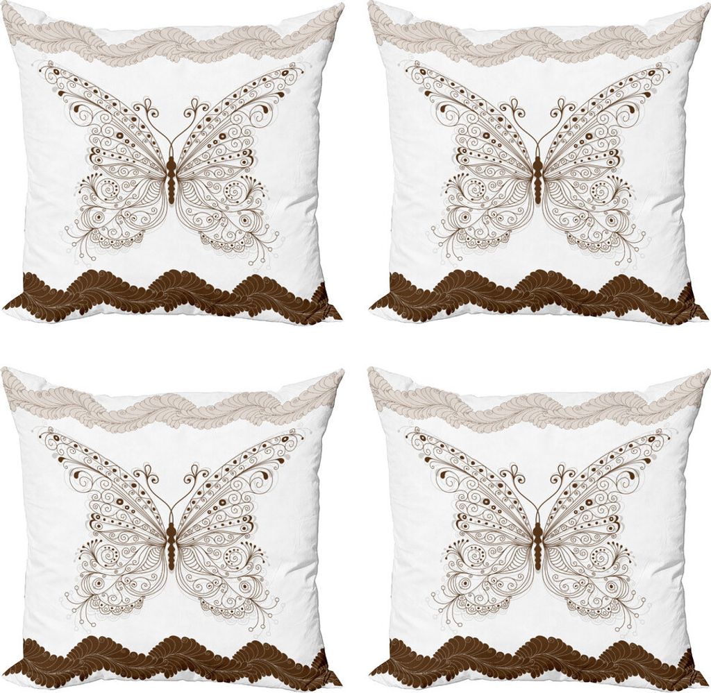 ABAKUHAUS Schmetterling Kissenbezug Set (4 Stück), Abstrakte Retro Frühling, Moderner Doppelseitiger Digitaldruck, 45 cm x 45 cm, Weiß, Braun, Grau