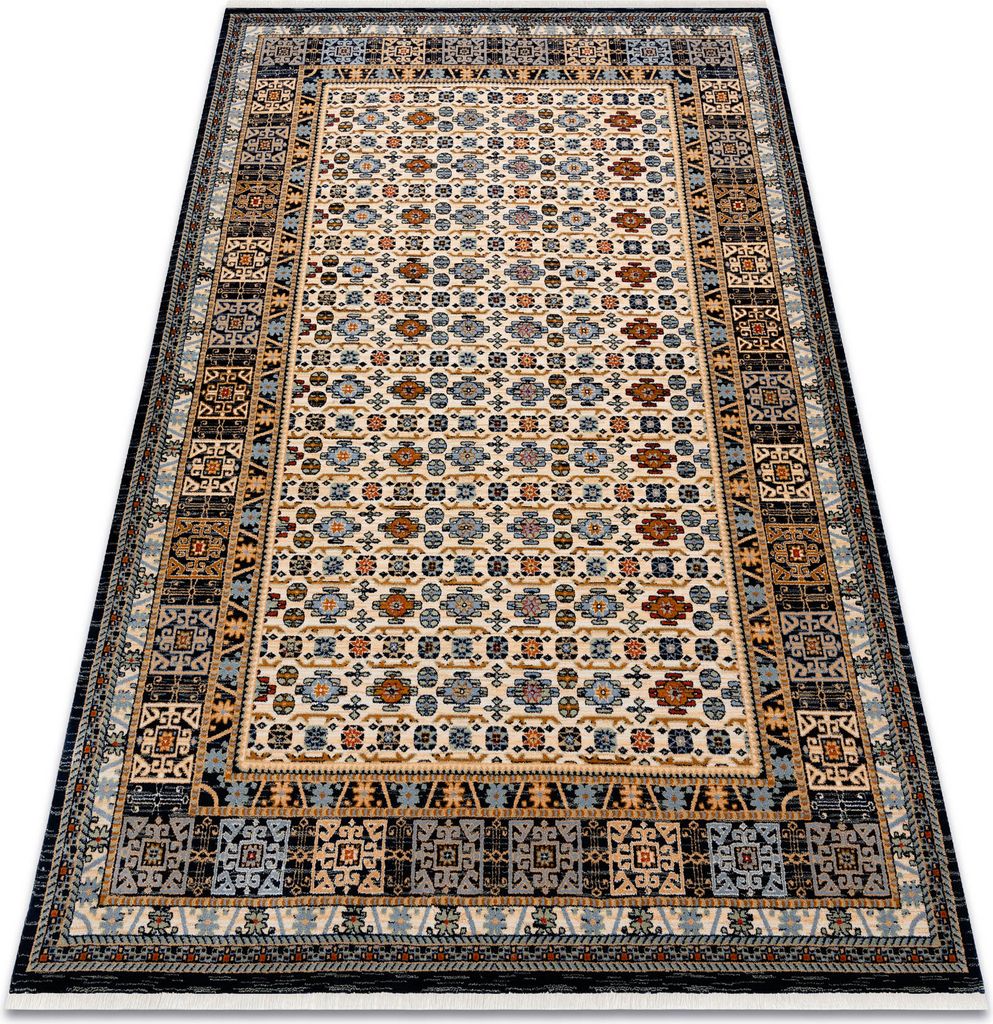 Teppich Wolle KESHAN Franse, Rahmen orientalisch 6428/53551 beige / dunkelblau Mehrfarben 200x290 cm