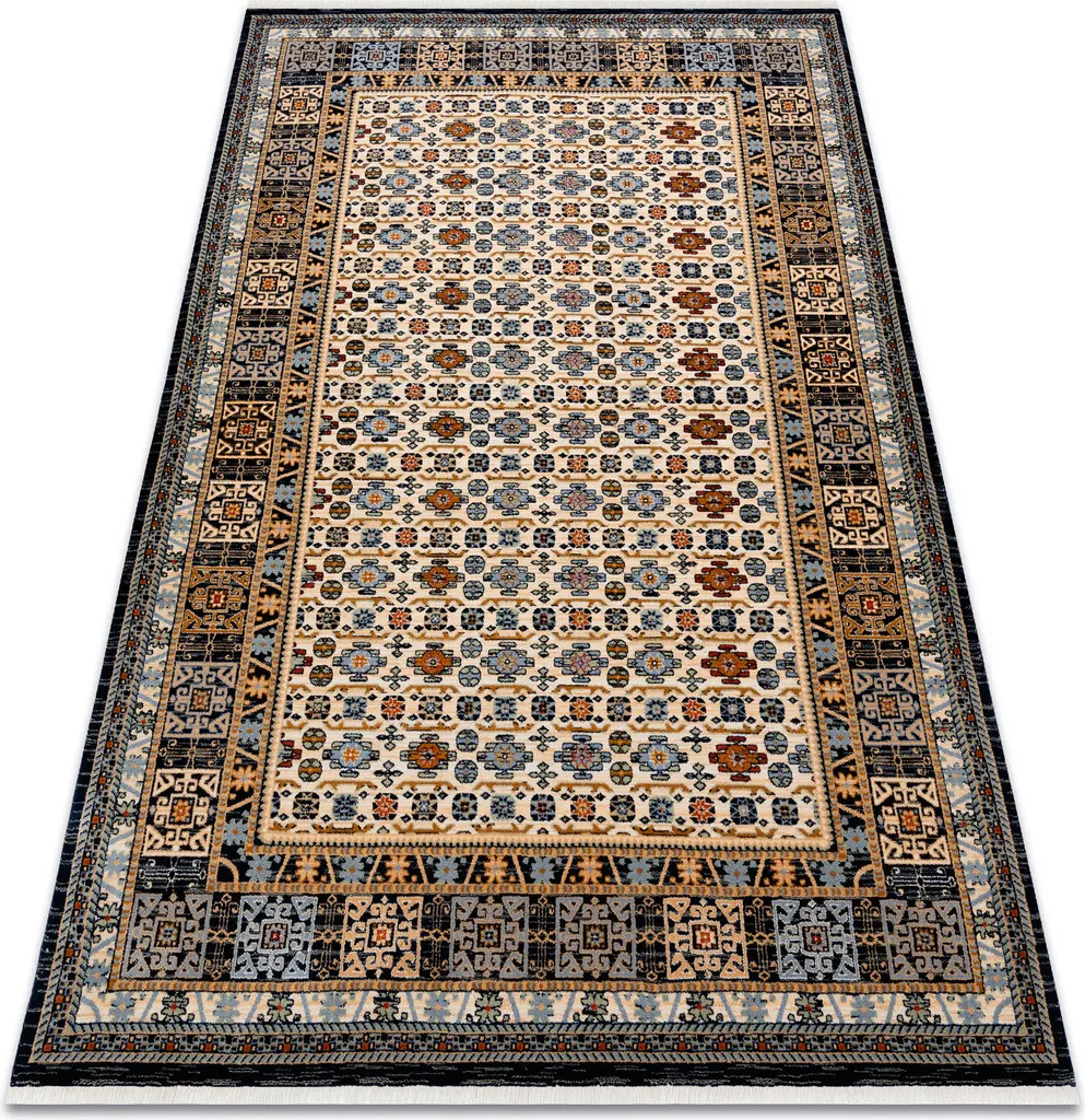 Tapis oriental Keshan laine beige bleu foncé multicolore cadre 80x145