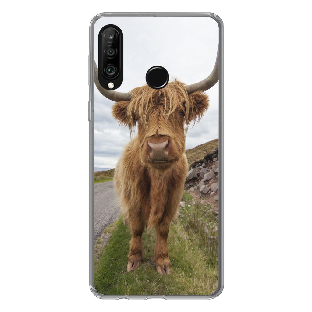 MuchoWow Handyhülle Schutzhülle Hülle für Huawei P30 Lite Schottischer Highlander - Hörner - Berg Silikon Softcase Handy Hülle - Handyhülle