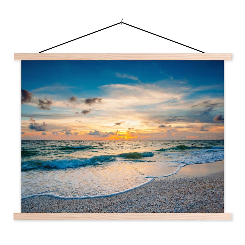 MuchoWow Textilposter Strand - Meer - Sonnenuntergang 40x30 cm mit holzfarbenen Rahmen - Bilder