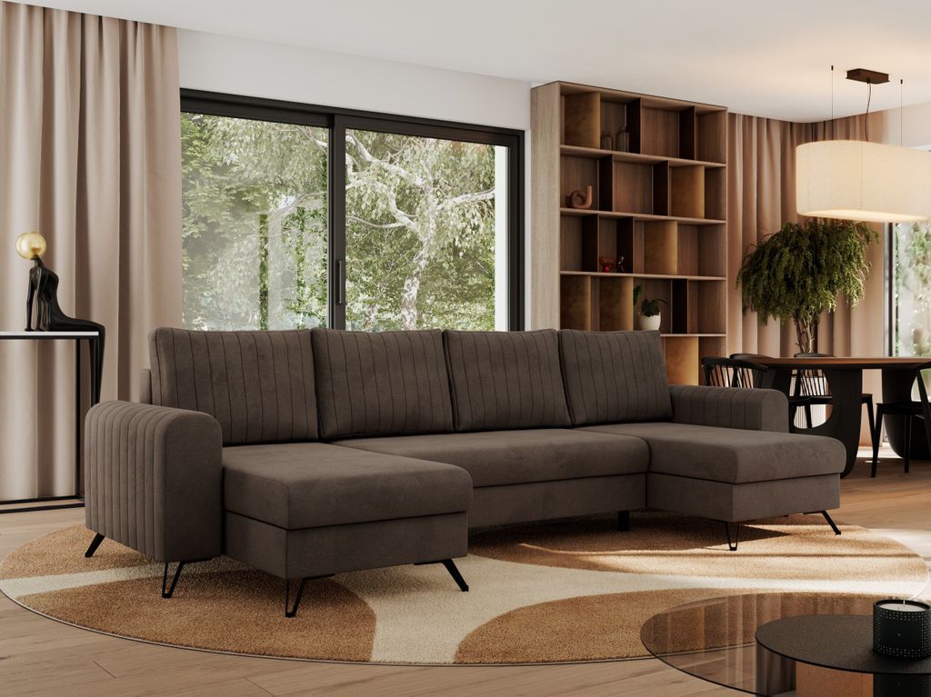 Ecksofa für das Wohnzimmer, AXEL U Ecksofa mit losen Kissen, drei Bettkästen, U-förmiges Ecksofa mit Armlehnen, Universalecke mit schwarze Metal...
