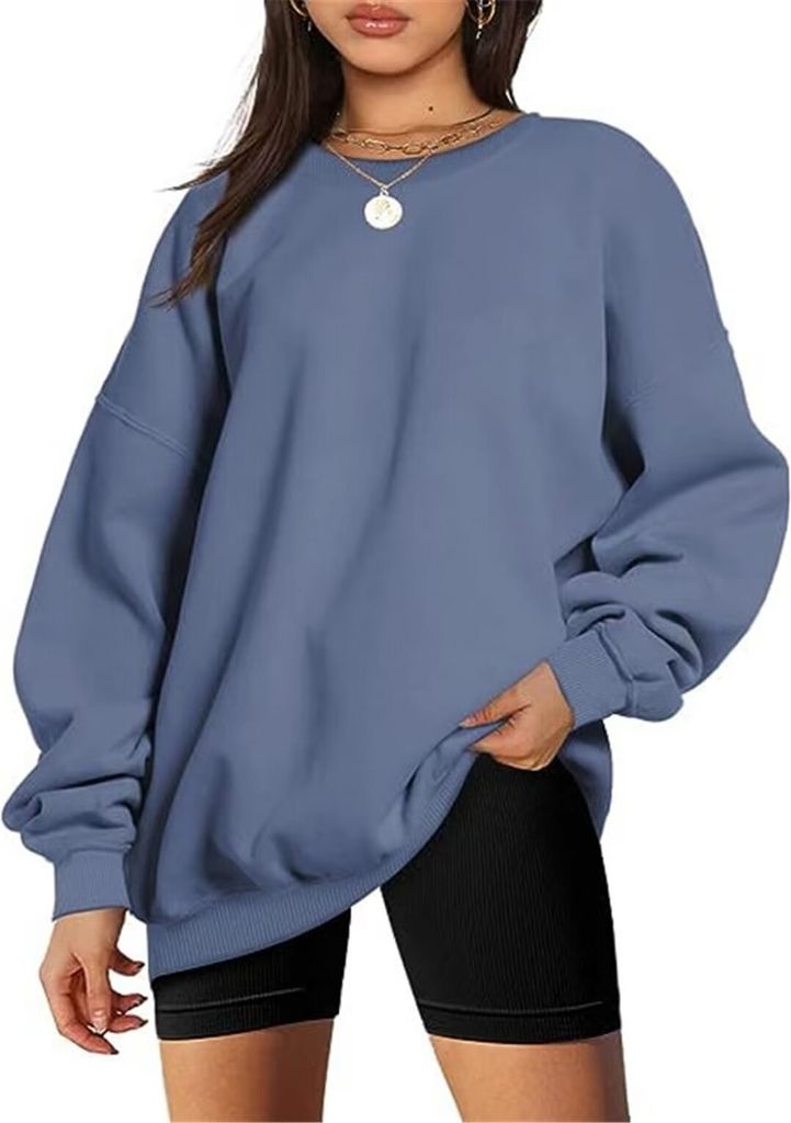 ASKSA Damen Sweatshirts Basic Rundhals Langarmshirt Loose Fleece Pullover Casual Oberteile Tops, Seeblau, XL