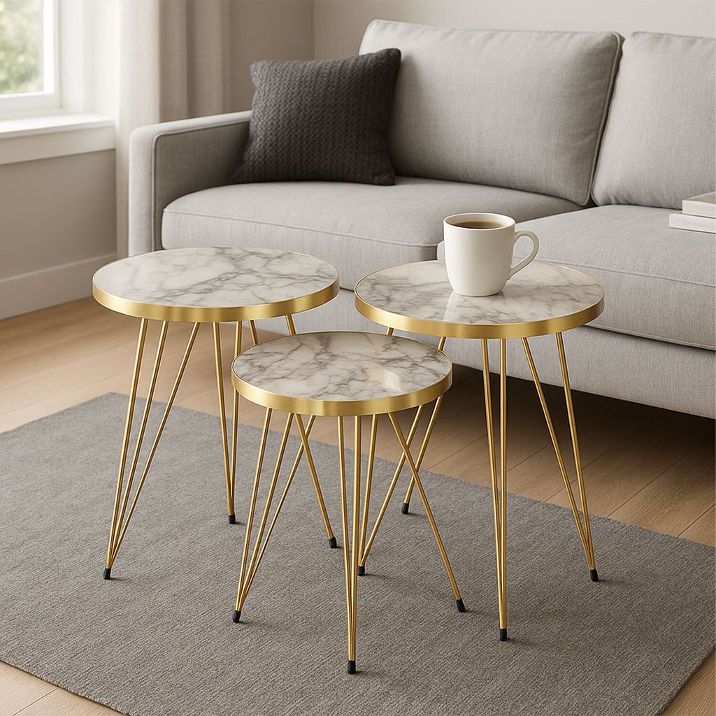 3er Beistelltisch Set Weiß Marmoroptik Gold Rund Modern Retro Couchtisch Wohnzimmertisch Dekotisch Ablagetisch stapelbar