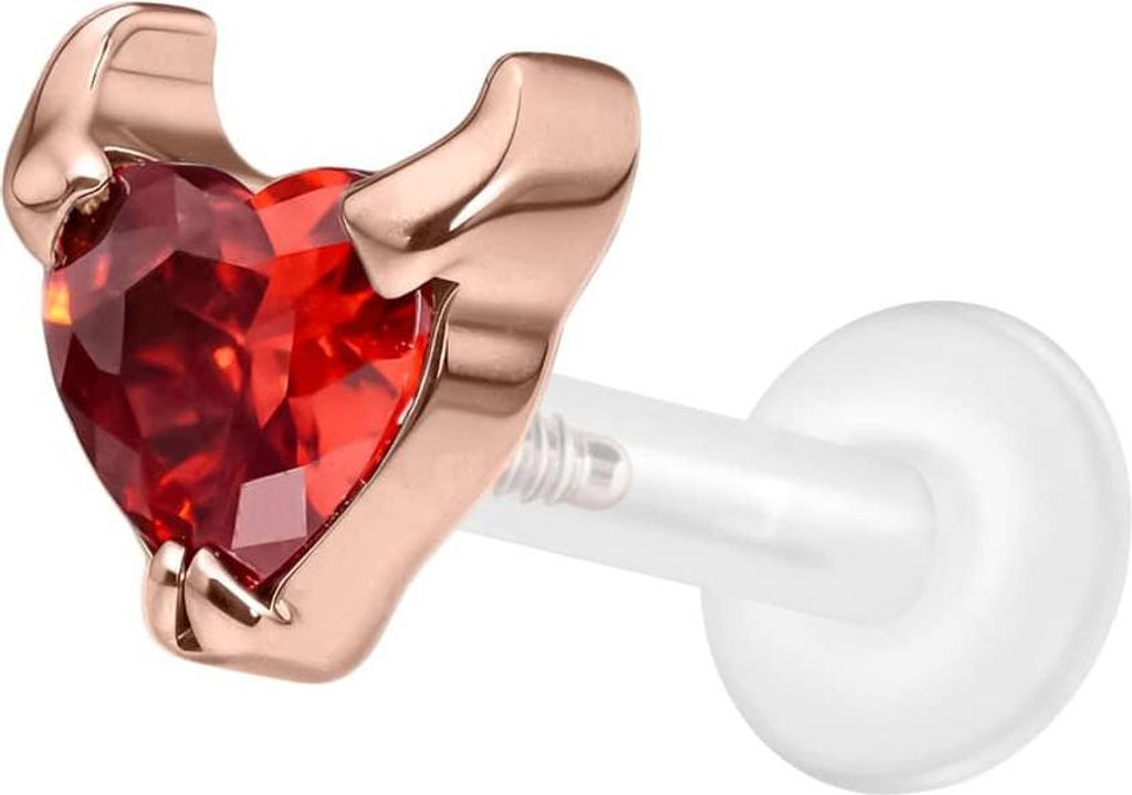Ohrpiercing, Nasenpiercing PTFE Labret mit Innengewinde + Titan-Aufsatz TEUFELSHERZ RoséGold Stablänge: 8mm | Stabstärke: 1,6mm