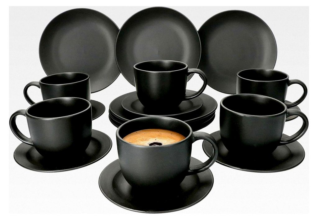 18-teiliges Kaffee-Service Lampart Nero I modernes Steingut-Geschirr-Set für 6 Personen im Ethno-Stil I Tassen, Unterteller, Kuchenteller I Kaffee...