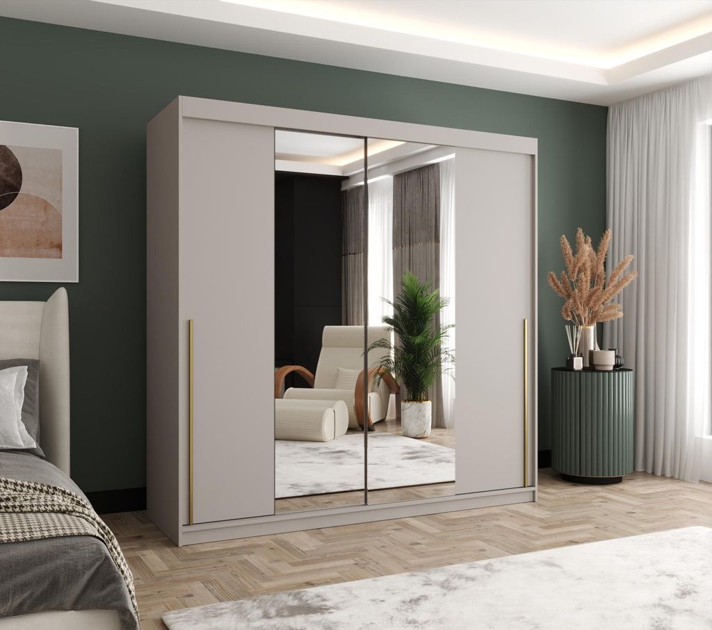 Home Collective Schwebetürenschrank mit Spiegel Kleiderschrank Garderobe 2-türig mit Einlegeböden und zwei Kleiderstangen wählbare Handgriffe M...