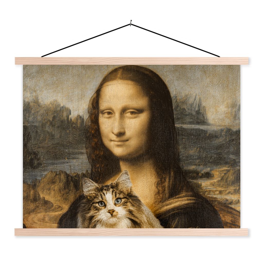 MuchoWow Textilposter Mona Lisa - Katze - Leonardo da Vinci - Vintage - Kunstwerk - Alte Meister - Gemälde 120x90 cm mit holzfarbenen Rahmen - M...
