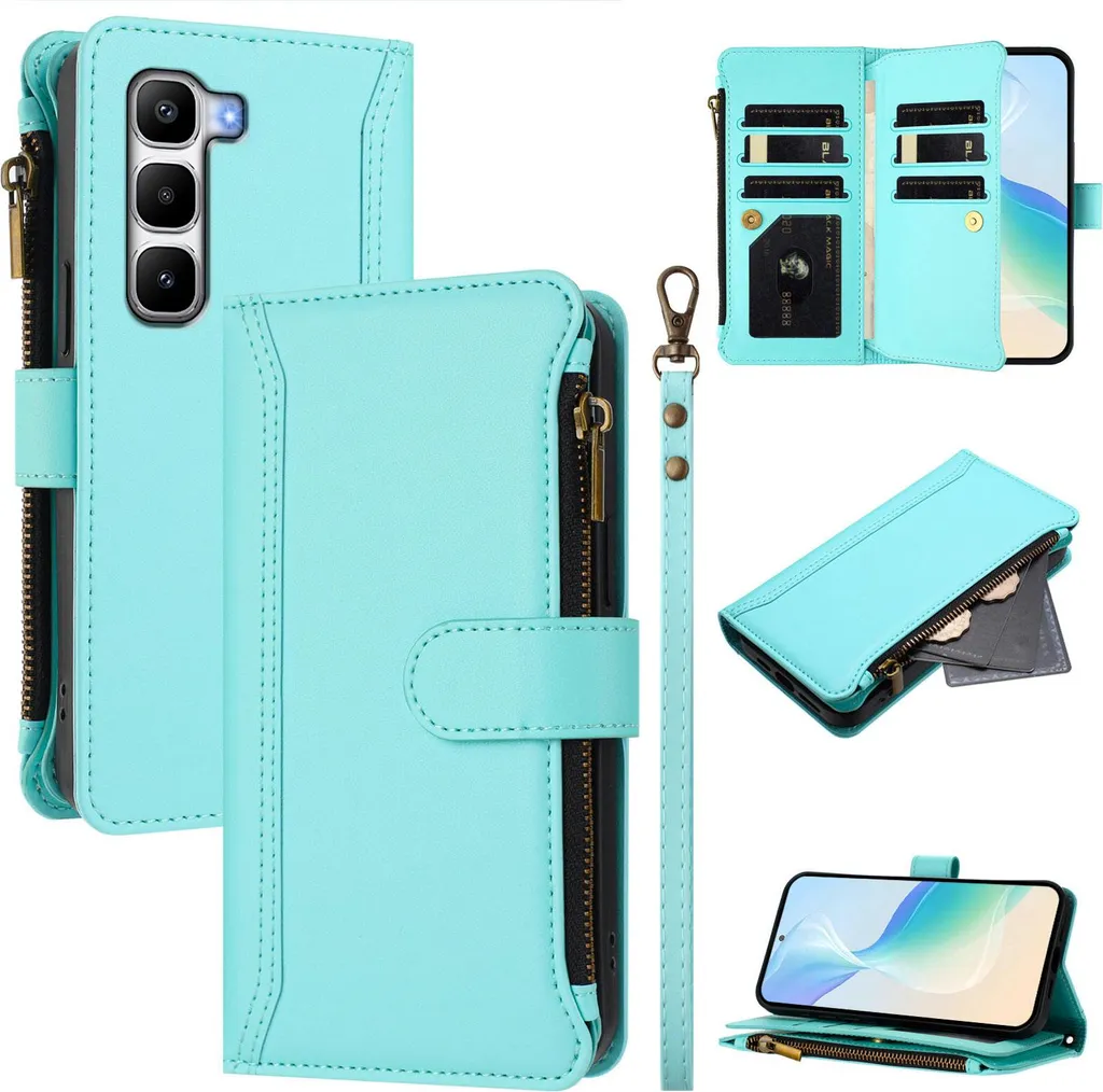 Custodia per Infinix Hot 60 Pro+, con cerniera, custodia flip wallet in Finto cuoio con tasche per carte, supporto e passante verde menta