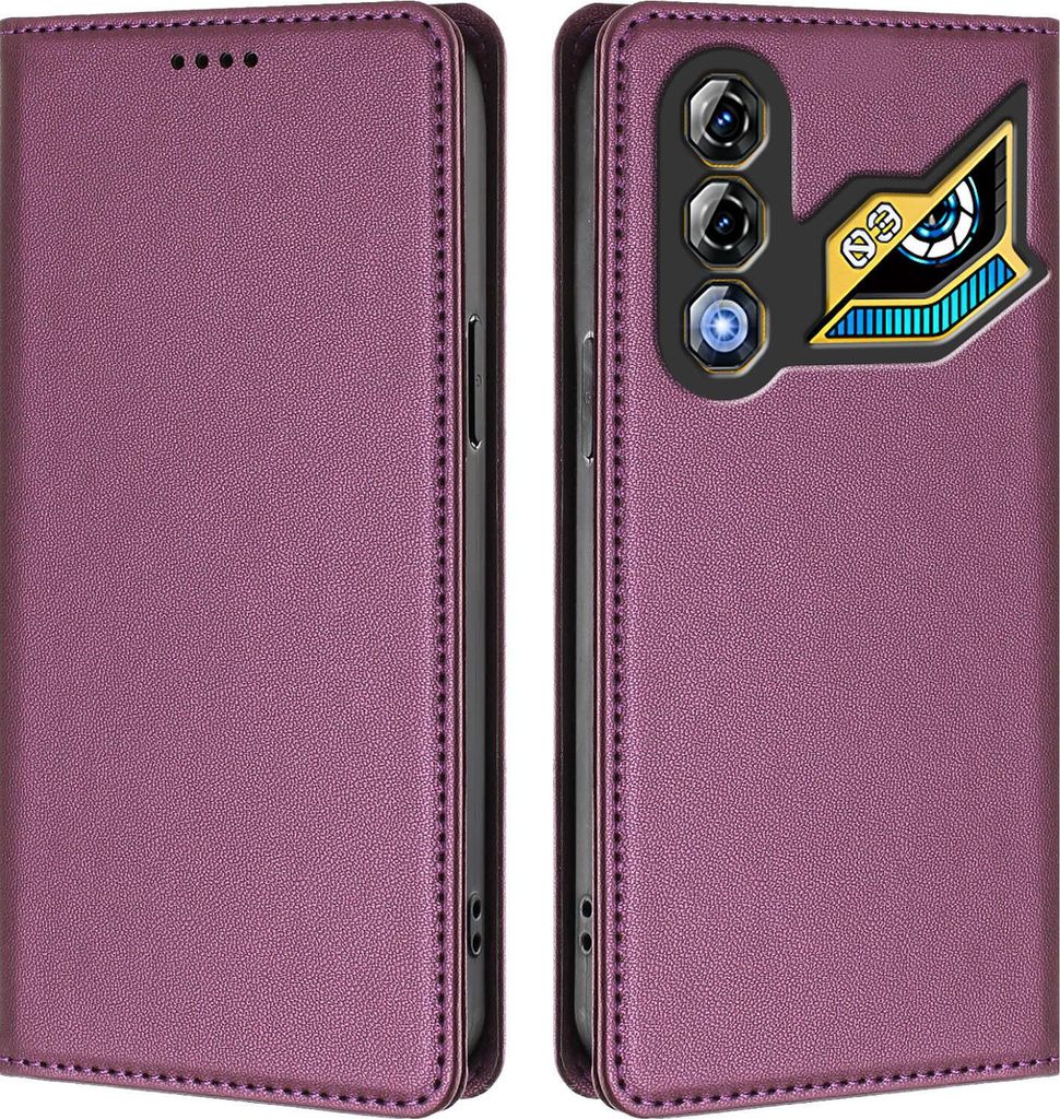 A flip case for a smartphone, shown from both the front (closed) and back (open) views.