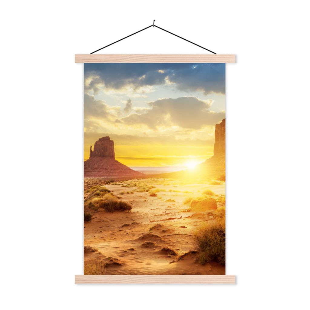 MuchoWow Textilposter Sonnenuntergang - Felsen - Landschaft - Horizont 120x180 cm mit holzfarbenen Rahmen - Textil-Plakat