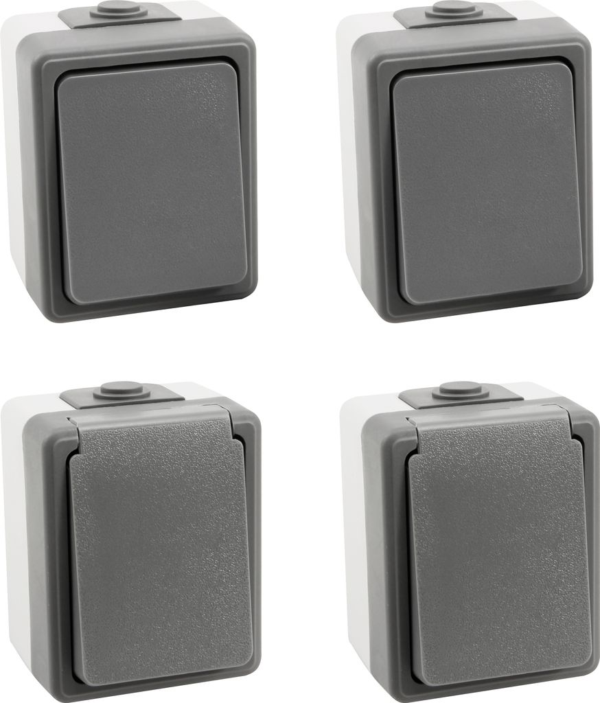 4-teiliges Feuchtraum-Set McPower "Secure Flur", grau, IP44, 2x Schalter, 2x Steckdose