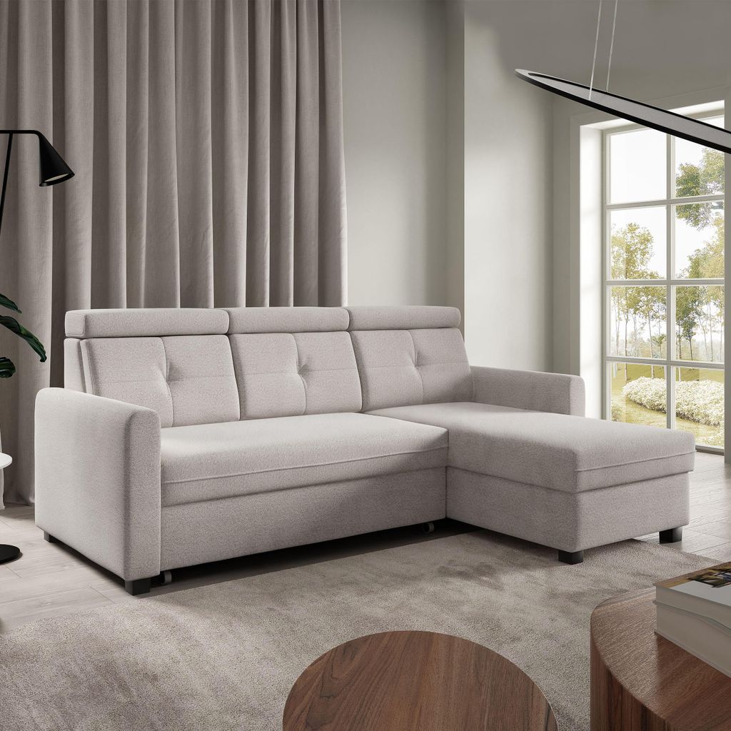 Ecksofa MILANO Beige, L-Form - mit Schlaffunktion, Bettkasten & Ottomane rechts