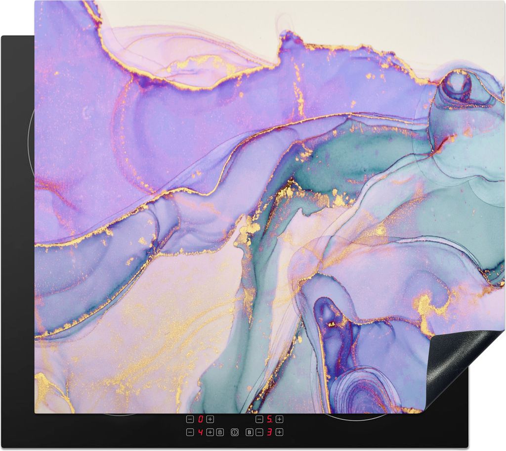 KitchenYeah Herdabdeckplatte Gold - Marmor - Lila , 60x52cm, Küche Deko, Glaskeramikfeld Herdabdeckung, Abdeckplatte fùr Kochfeld