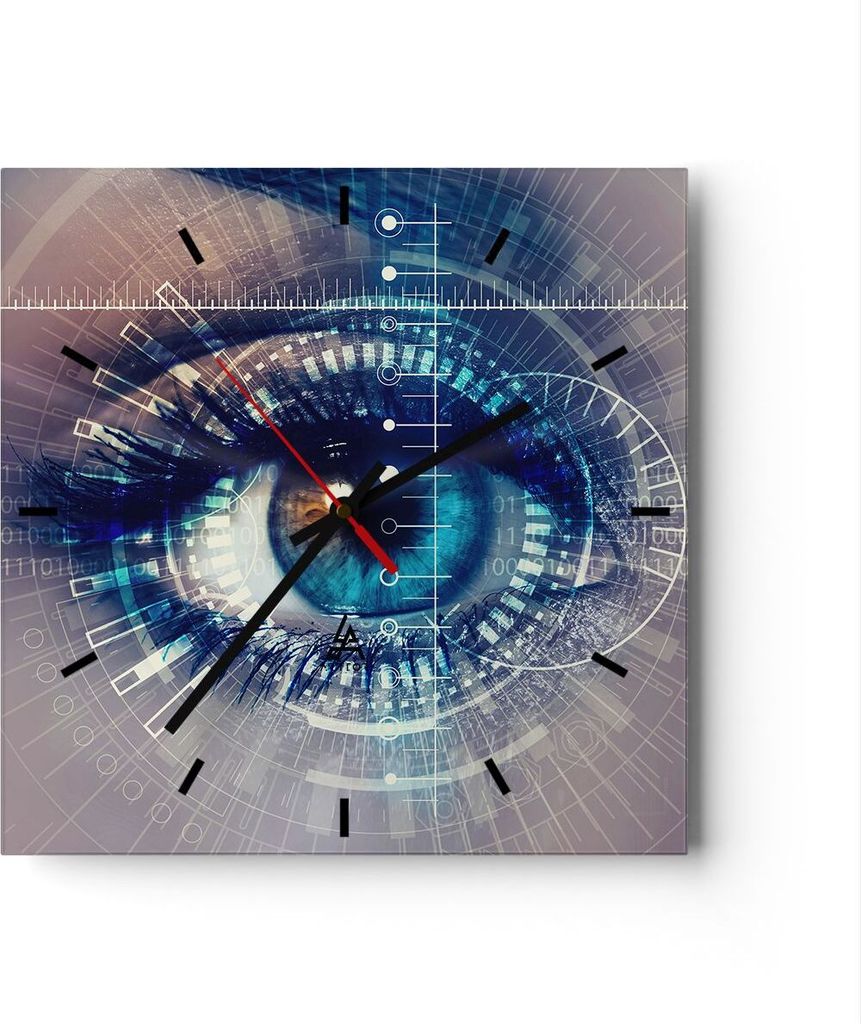 Wanduhr - Quadrat - Glasuhr - Cyberspace Daten digitales - 30x30cm - Schleichendes Uhrwerk - Lautlos - zum Aufhängen bereit - Dekoration Modern - ...