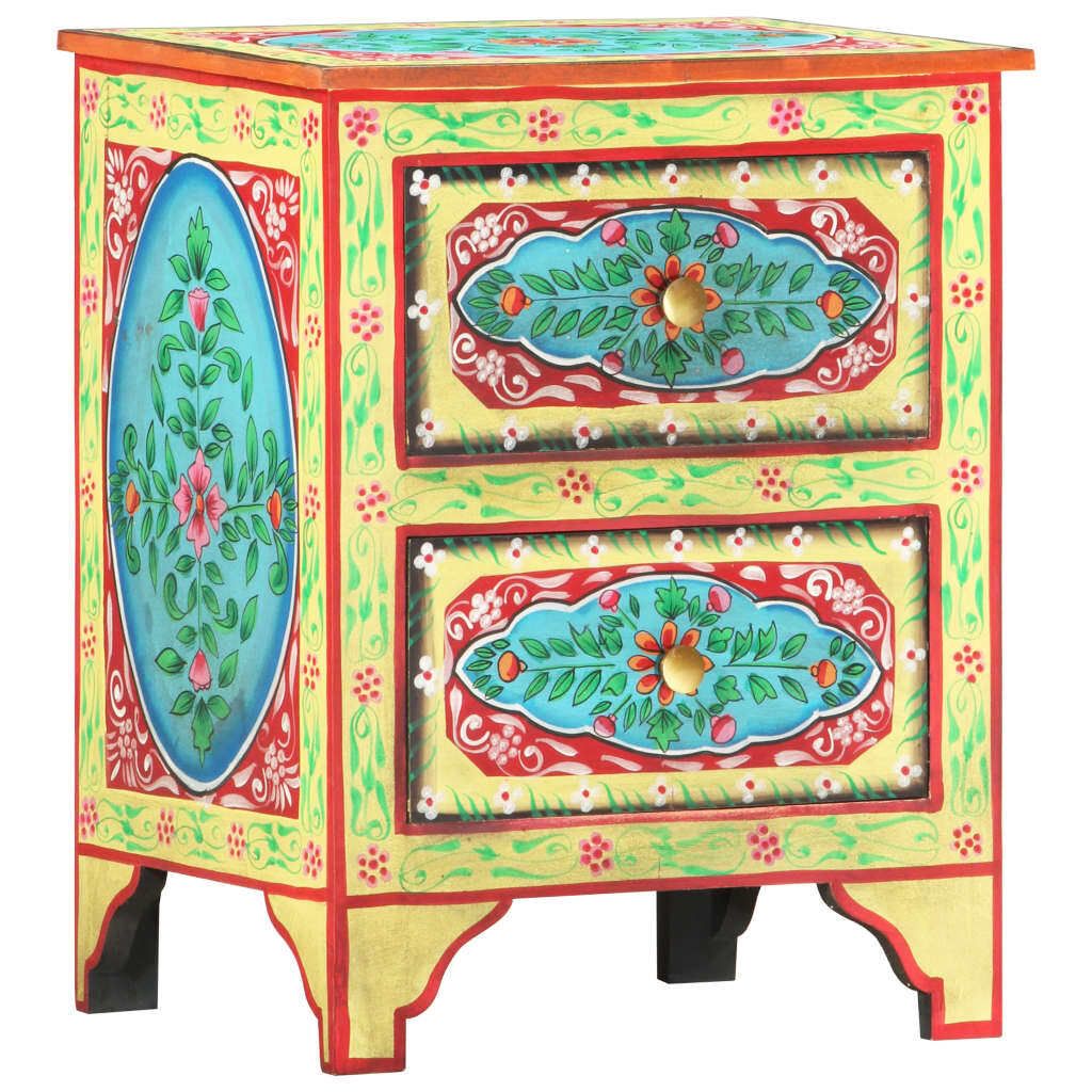 The Living Store Handbemalter Nachttisch 40×30×50 cm Mango Massivholz