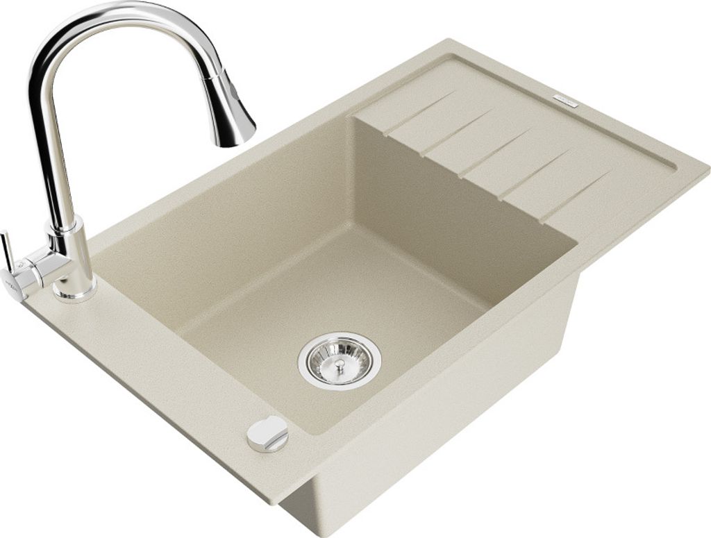 Mexen Elias 1 Becken-Granitspüle mit Abtropffläche und Mischbatterie Elia, Weiß - 6511-69-670101-00