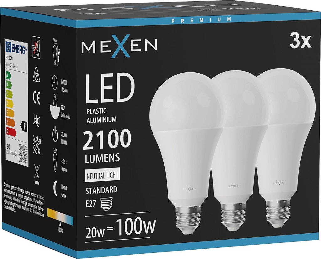 Mexen Nova 3x LED-Glühbirne E27, A70, 20W, Neutral - 4000K, Produktbild 