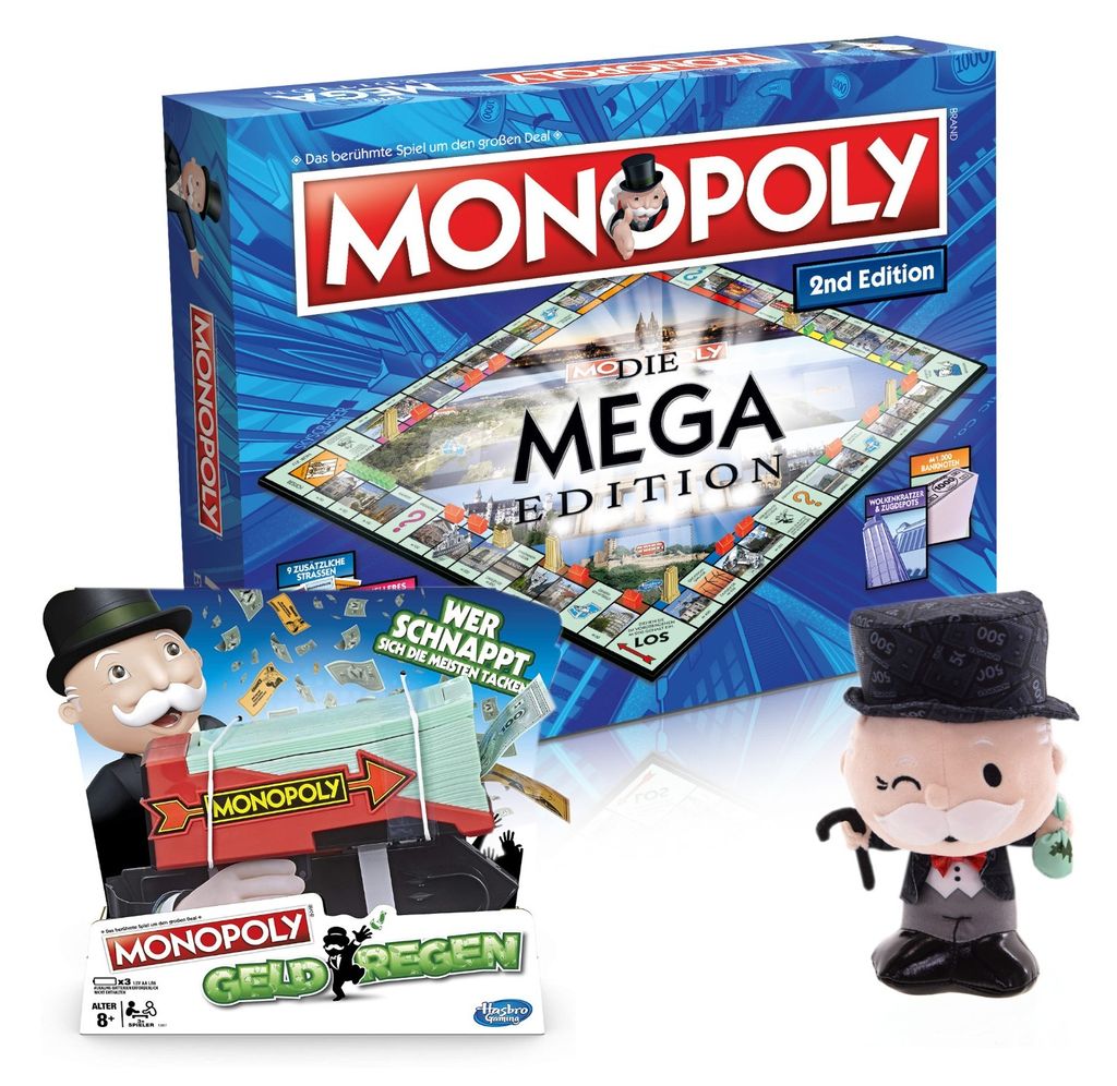 A collage of Monopoly Mega 2nd Edition board game box, a Monopoly Geldregen game, and a Mr. Monopoly plush toy.