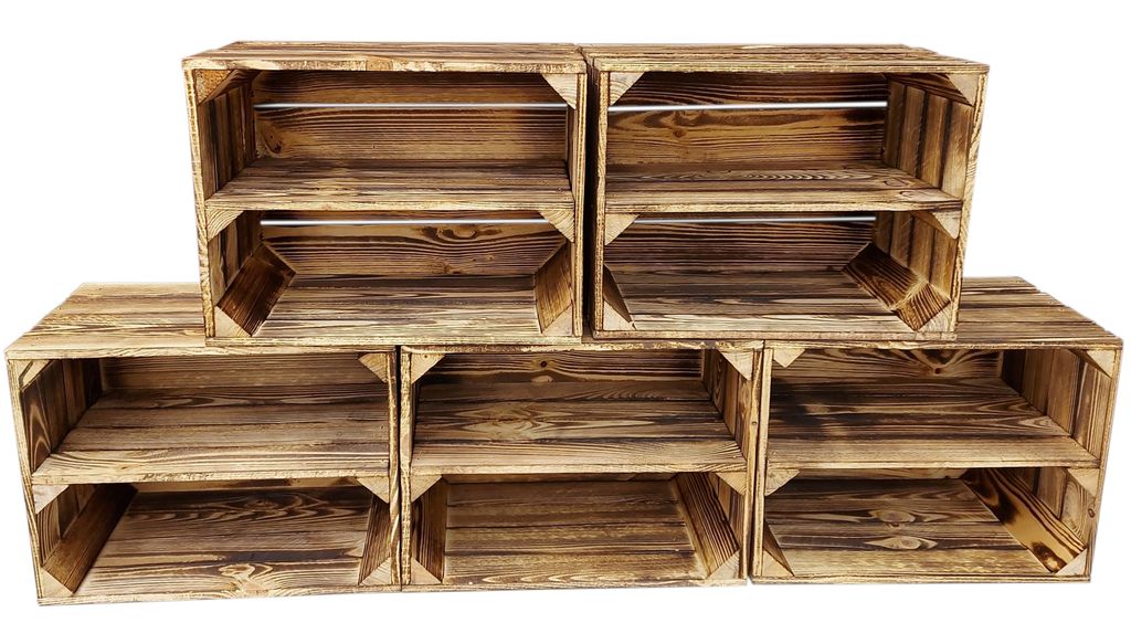 5er Vintage Holzkisten Geflammte mit Regalbrett - 40x30x24 cm - Vintage Deko and Aufbewahrung