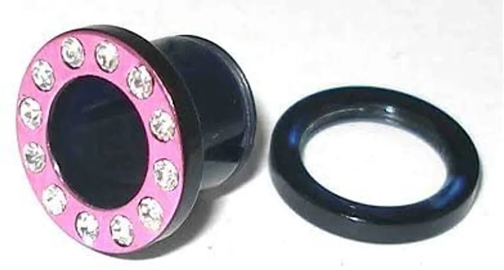 Orecchio Carne acrilica Tunnel Piercing a vite Motivo rosa con cristalli bianchi - 14mm