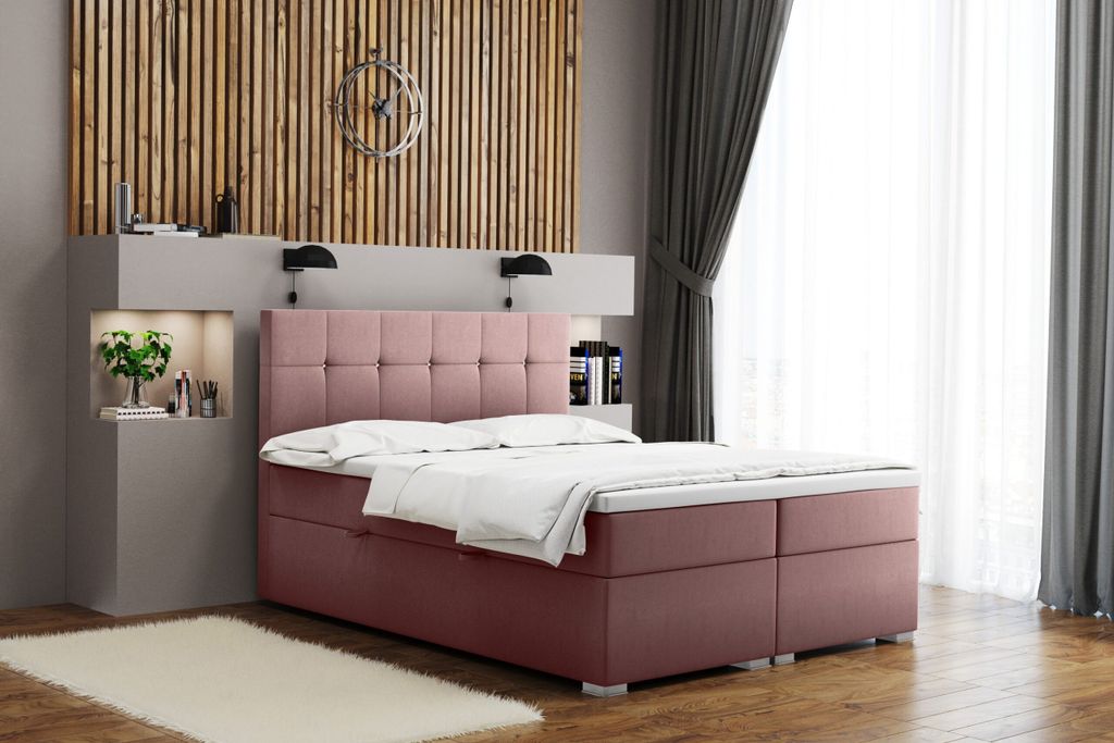 Kaiser Möbel Boxspringbett mit matratze und bettkasten, Schlafbett LINDT stoff Velvet Rosa 140x200 cm