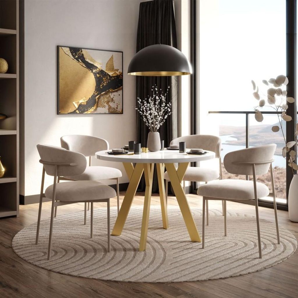 Esszimmer-Set VOLTA GLOSS mit vier Stühlen, Farbe der Beine – Golden, Farbe der Tischplatte – Hochglanz Weiß