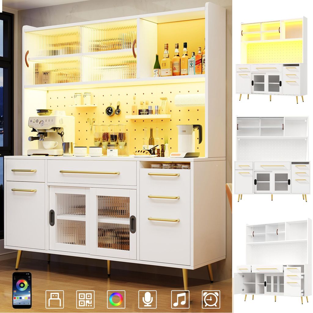 Buffetschrank Weiß mit LED-Beleuchtung & Pegboard, Produktbild 