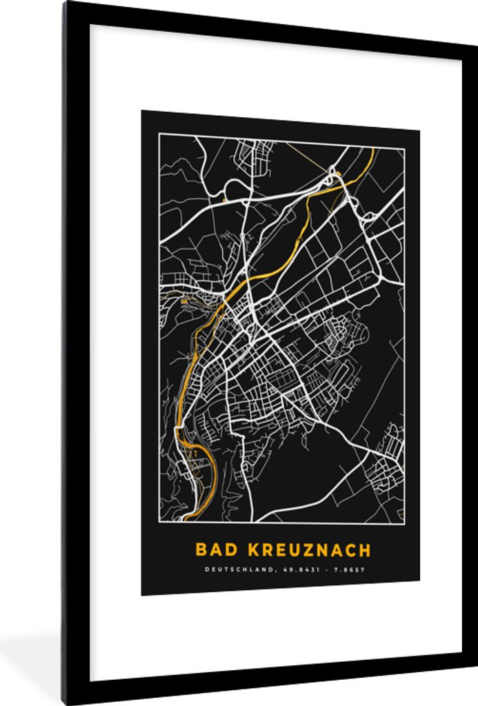 MuchoWow Gerahmtes Poster Deutschland - Schwarz und Gold - Bad Kreuznach - Stadtplan - Karte 60x90 cm - Poster mit Schwarzem Bilderrahmen Wandpos...