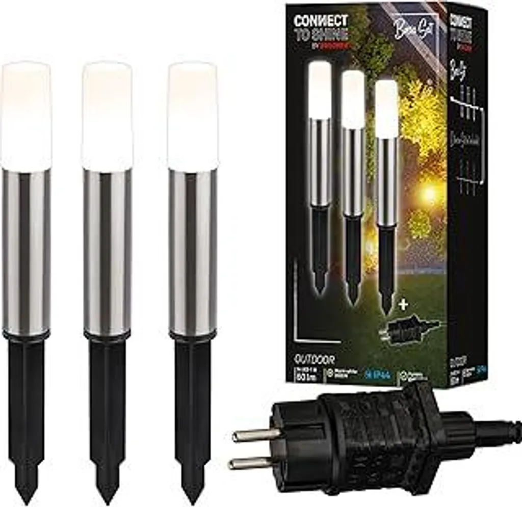 BRILONER - Connect to Shine Sistema da giardino 12V Set di 3 lampioni LED con picchetto, set base con trasformatore, IP44, luce bianca calda, illuminazione da giardino, lampioni da percorso, 36,5x4 cm, colore argento