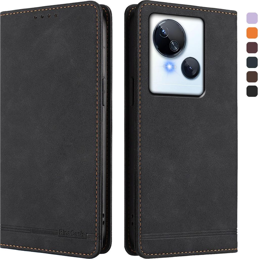 Hülle für Tecno Spark 10 5G, Retro Kunstleder Ständer Klapphülle mit Kartenfächer und Magnetische Schwarz